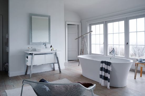 The Cape Cod collection comprises basins, vanities, and bathtubs with a relaxing coastal feel.