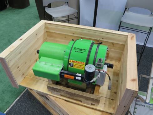 Cummins (the diesel folks) owns Crosspoint Kinetics, the company that made this Kinetics Hybrid PM Motor. It installs behind the existing transmission and functions as a regenerative braking assist, in a manner similar to that of the motor in a hybrid car—but with a couple of major differences. The electricity generated by braking is stored in a large capacitor pack instead of a multitude of batteries. And the unit doesn’t completely power the vehicle; it aids during acceleration from 0 to about 30 MPH (speeds where traditional engines are least efficient). The unit fits class 3-7 trucks and busses and is currently aimed at fleets.