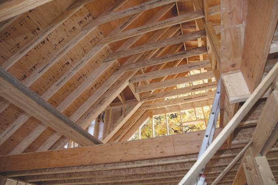 For the 24-foot lengths required to frame the main roof, the author used LSL (laminated strand lumber) rafters and collar ties in place of oldgrowth dimensional lumber.
