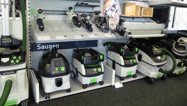 There are few tools in this photo you haven’t already seen. The dovetail jig on the upper shelf is kind of surprising, as is the small vacuum on the lower left shelf. This smaller more basic wet/dry vac is available with or without tool activation. I saw this model being produced at the Festool/Tanos factory in 
Illertissen, Germany. More on that factory in an upcoming story….