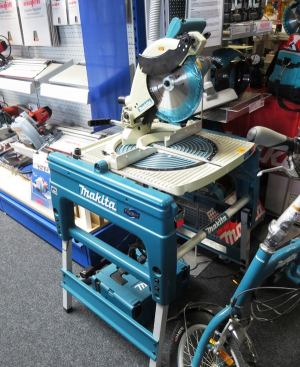 Here’s something you won’t see in the U.S., a combination table/miter saw. With the miter saw locked down, the table can be flipped and the bottom side (now facing up) used as a table saw. The same blade and motor are used for both applications. This particular saw is from Makita, but many tool companies sell similar products in Europe. Machines of this type were available here in the 1980s and 90s; I worked with a carpenter who had one from Elu. The idea of converting back and forth between table and miter saw did not appeal to me but my coworker liked it because he drove a small SUV and it fit the back with space left over for many other tools.