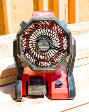 Cordless Fan. A couple of months ago I bought a Milwaukee cordless fan ($79). We mostly use it when siding, to provide a bit of cooling and to blow away the fine dust produced while cutting LP siding. I would prefer it be a little larger but I’m sure battery life is a constraint. When it’s too hot to do any good at the cut station we’ll set I up in the shade next to a bucket of water, dunk out head in the bucket, and then stand next to the fan to cool down for a few minutes. Ours is a Milwaukee but you can also get cordless fans from Makita, Ryobi, and Ridgid.