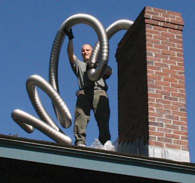 The Buderus G125BE noncondensing boiler can be vented either horizontally or vertically but needs a maximum 5-inch-diameter chimney liner when vented into an oversized masonry chimney flue.