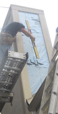 On this job, we wrapped the sheathing before trimming out the chase corners with Mira-Tec treated composite trim.
