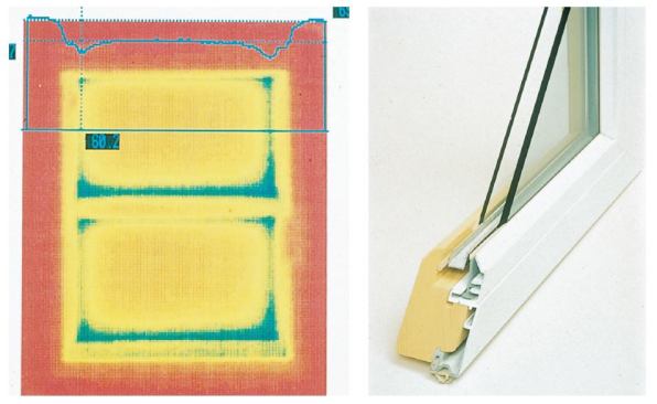 Conductive heat loss around the perimeter of insulated glass units (dark areas in the thermographic image, left) caused by metal edge spacers has led to recent innovations in “warm-edge” nonmetal spacers, such as the PPG Intercept (right).