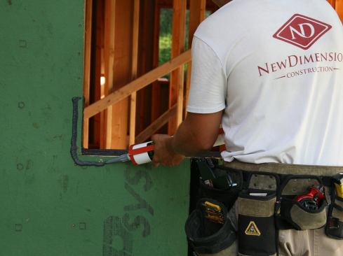 Lastly, run a bead on the outside face of sheathing, starting at one end…