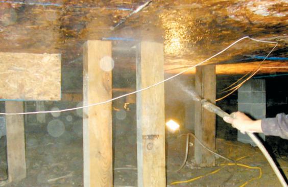 The sprayer allows him to saturate the underfloor OSB with a solution of Tim-bor borate, killing mold, rot organisms, and insects without toxic risk to people.