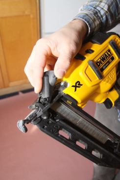 The tool-free jam release is convenient and easy to use. As with most nail guns available today, the mechanism moves effortlessly. DeWalt recommends removing the battery before clearing a jam.