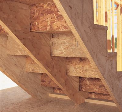 Straight, strong engineered beams make ideal stair stringers. Although LVL is suitable for this application, LSL is less expensive and less prone to nail splits.