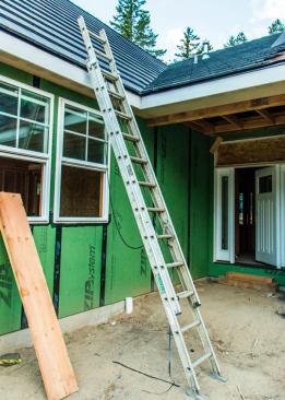 Extension Ladders. We often use extension ladders to hang sheathing on the 2nd floor, to set windows, and on occasion to set rafters to a ridge. In 2005 we got rid of our old ladders and replaced them with 
Green Bull 28’ aluminum ladders. We chose this brand because that is what our supplier had at the time. 
Werner extension ladders are good too; we’ve used them doing work on other builders’ jobsites.