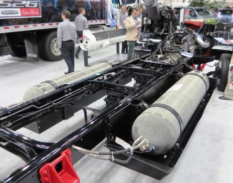 The cylinders on either side of this custom Freightliner chassis may look like torpedoes, but they’re actually compressed natural gas (CNG) tanks. There were many CNG-powered vehicles at the show because CNG is cheaper than diesel—and the cost of fuel is major expense for companies that run fleets of trucks.