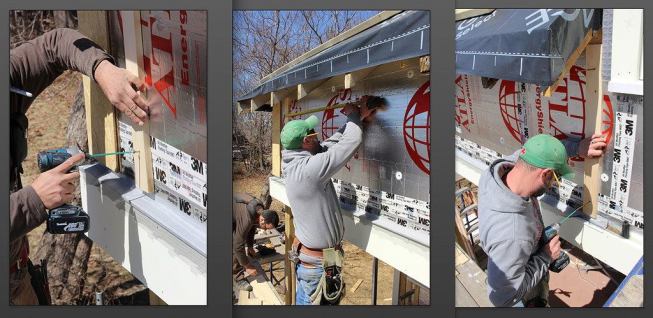 Pollard fastens a piece of 1x4 furring over the rigid insulation (left), screwing the strapping to the sheathing behind the foam using 5-?-inch screws. Hooking onto the first piece of furring, Fenton lays out the furring locations for the rest of the wall (center), marking on the foam with a Sharpie marker, then screws the rightmost piece of furring to the wall (right).