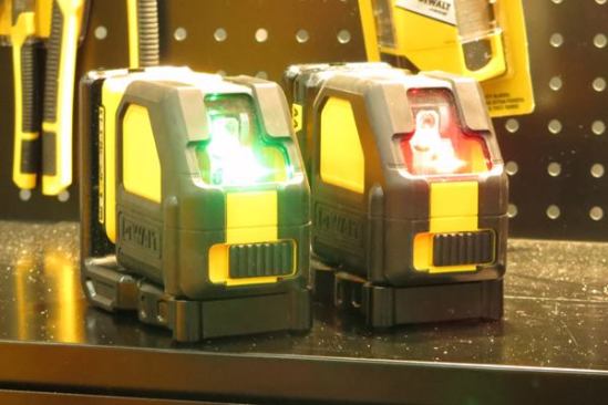 Two new cross-line lasers, one in red and the other in green. Green is more visible to the human eye than red so the green projects a greater distance.