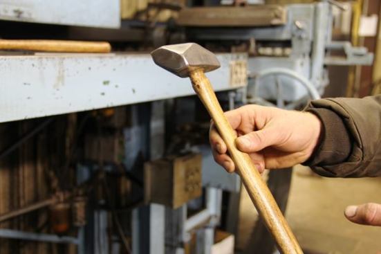 I noticed this strange looking hammer at one of the stations in the sharpening room. I don’t know if it was made this way or someone ground it to this shape. Evidently, the saw sharpener uses this hammer while re-tensioning blades—which flattens and stretches the metal to make them run true.