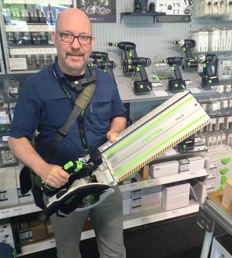 This Festool circ saw (
HKC 55) is similar to the Mafell saws in the previous slide. It can be used on or off the cross-cutting rail, or with a standard FS rail. On the cross-cutting rail it’s a portable cross-cutting machine, which I could see using to for exterior trim and basic interior trim. Carpenters who have always had access to miter saws might have trouble accepting the idea that trim can be cut with a hand-held machine. But I know it can be done because that’s how I did it in my early days in the trade, when power miter saws were rare and it was not always possible to bring a radial arm saw or table saw to the jobsite.