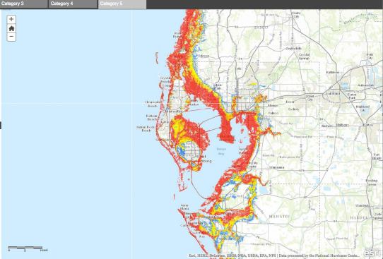 If a Category 5 storm were to strike Tampa, much of the city and vicinity could experience 9-foot or higher storm surge flooding, topped by higher waves. (Note: the red color indicates areas at risk for 9-foot or higher water in a worst-case scenario, but not all the areas in red would experience that degree of flooding in a single storm.)