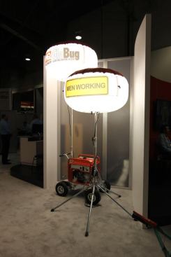 Here are two of the smaller
GloBug balloon lights from Multiquip. An integral fan keeps the fabric diffuser inflated and away from the bulb in metal halide models. There are also some LED models. GloBugs can be used for road construction, mining, disaster relief, and wherever highly portable lights are required. These things are incredibly bright; the Multiquip booth was in a part of the convention center that is normally dim. Not this time.