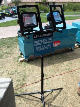 Makita’s hybrid LED flood light has a familiar form factor, a light in a frame that can be hung overhead or placed on the floor (you’re looking at two lights on an optional stand). The light can be powered with an 18-volt pack or AC power. The battery will automatically kick in if you trip a breaker or the cord comes unplugged. Maximum output: 750 lumens. Available August 2015. Rumour has it a light will go for $88. COO: China.