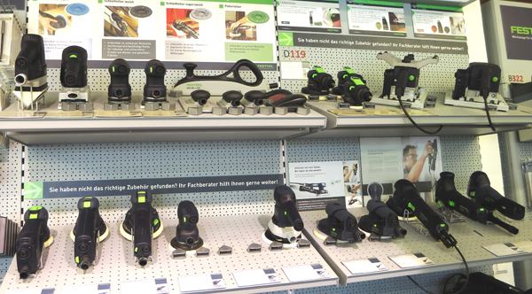 Maybe half of these tools are currently available in the U.S. The belt sanders and pneumatic sanders on the top right shelf definitely are not. The low-profile brushless sanders on the lower shelf (4th and 5th in from the right) are new to Germany and may come here late this year or early next.