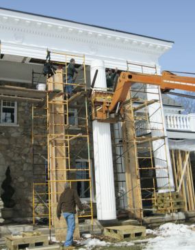 The author's firm had been hired to replace the bases of six 100+-year-old wood columns; engineer's inspections had indicated that the upper portions of the columns were sound, and there were other good reasons not to disconnect them from the roof structure entirely. As it turned out, much more was needed.