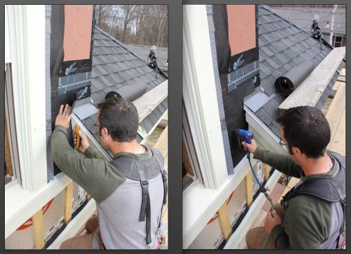 Pollard trims asphalt felt paper to fit (left) and staples it in place (right), using stainless steel staples and a pressure-regulator-equipped staplegun, adjusted to prevent staple crowns from punching through the paper. ZIP sheathing is rated as a weather-resistive drainage plane material, but Thompson Johnson like to add an extra layer of protection.