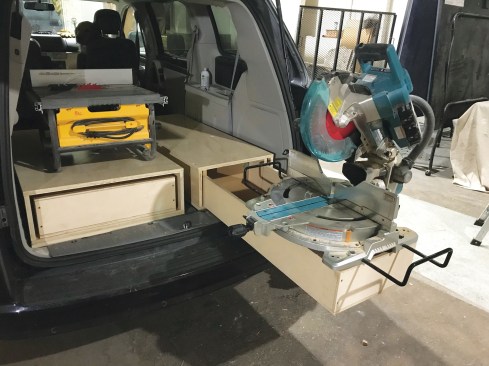 For a small work vehicle, the author built rolling drawers—one the width of a miter saw and one the width of a table saw—that can serve as workstations for small jobs.