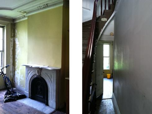 …four marble fireplace surrounds, two on the first and second floors (left). There were a few water-damaged walls and the floors were noticeably out of level, by as much as 2 inches over the building’s width of 14 feet. The interior space felt congested and gloomy, especially in the center of the house (right), which is typical of these narrow row homes. We were tasked with bringing as much natural light as we could into the living areas on the lower floors, while saving as much of the ornate plasterwork as possible.