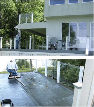 The existing rooftop deck (top) didn't need any structural reinforcement, but an additional EPDM waterproofing membrane was installed over the existing one (bottom).