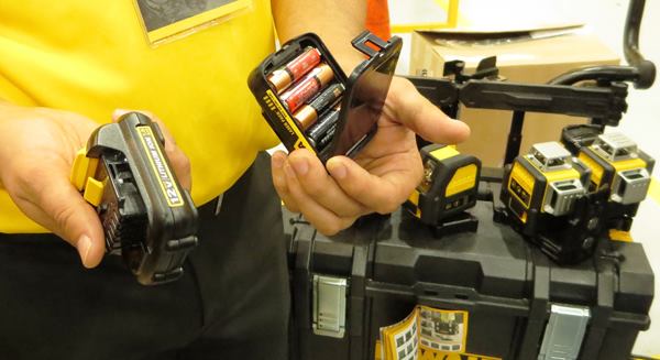 The new lasers are designed to be powered by 12V MAX batteries but can also be powered by a “dummy” battery containing standard AA cells. The dummy packs only work in the lasers. Look to the lower right and you will see two more (red and green) lasers. Both models project 360-degree beams in all three planes.