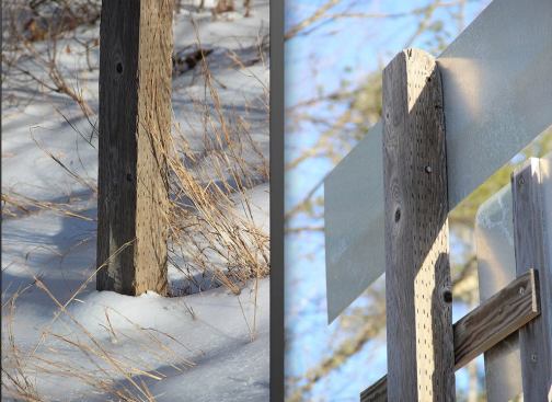 Two views of a road-side signpost in rural Maine, sawn from eastern Hemlock wood that has been incised, kiln-dried, and then pressure-treated with dissolved (not micronized) copper azole. Maine wood treater Hal Bumby has been treating signposts like this on a state contract since the 1980s, first using CCA, and then using dissolved copper azole after CCA was phased out. Bumby uses dissolved copper azole instead of finely-ground micronized copper for this purpose because Hemlock is what is called a “refractory” wood species — meaning that it does not readily soak up the treating chemicals. Bumby says that whether treated with CCA or with copper azole, the Hemlock wood is good for decades of service buried in the ground — as long as the proper concentration of the treating formula is applied.
