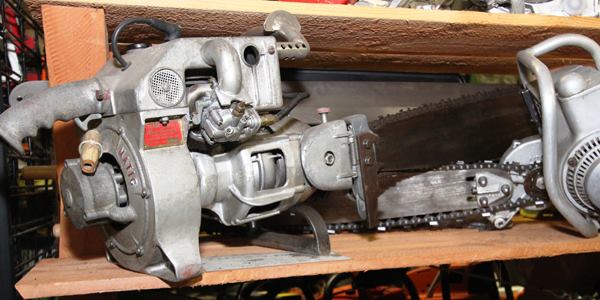 This Turbo-matic chainsaw has heated handles and a hydromatic transmission along the lines of automobile transmission. Look through the opening in the side and you’ll see the torque converter. Except for the idea of heated handles (which other companies picked up on) the tool was a complete failure. Built in Vancouver, Canada from 1949-1950, less than 100 of these were ever made.