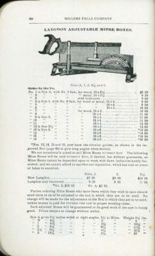 The notes below this Langdon Adjustable Miter Box say that if you send them your saw the company will fit it to the miter box for free. But they’ll charge you if the saw’s messed up and they have to fix it. It sounds reasonable to me.