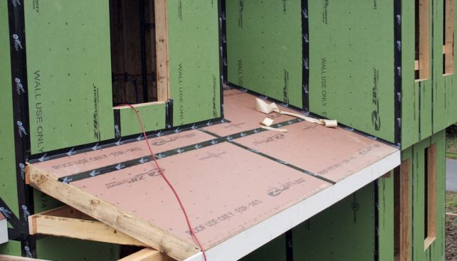 Roof-to-wall intersections are also sealed with tape.