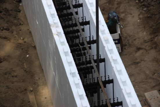 A closer look at the rebar in place in the form, held in place by the plastic ribs of the foam forms.