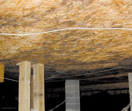 The OSB ceiling looks considerably better at the end of the job, after the crew has scrubbed it with a borate solution.