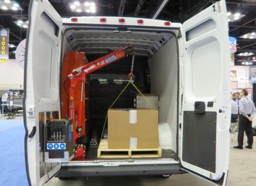 Maxilift’s Ant M50 is a crane small enough to be mounted inside a van—though it can also be mounted on the bed of a truck. It can lift 1,100 pounds with the boom retracted to 3’3” and 440 pounds when fully extended to 8’1”. It’s available in several configurations; the simplest model uses a hydraulic hand pump for lifting. There are also options to use hydraulics or electro hydraulics.