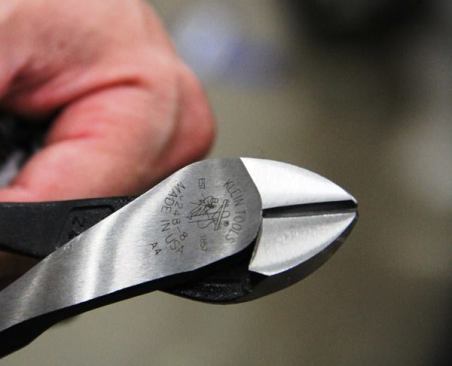 Here is a look at some diagonal cutters that have just had the Klein logo laser-etched into them.