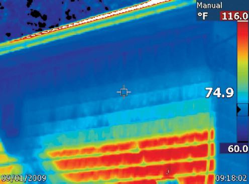 The effect of sunlight on a wall with an eaves overhang is frequently evident from outside.