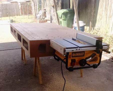 Gullion built and uses a 
Paulk Workbench II—which he refers to as Ron Paulk’s masterpiece. Paulk has since released plans for an upgrade portable bench called the 
Paulk Total Station. The Total Station has spaces for both a table saw and a miter saw.