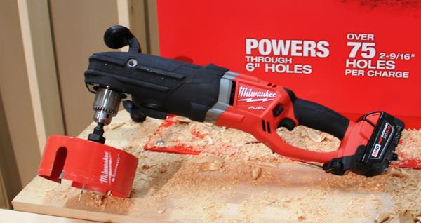 M18 Fuel Super Hawg. One of the hits from last year’s media event was the 
M18 Fuel Hole Hawg, a brushless cordless right-angle drill aimed at electricians. This year Milwaukee introduced a larger more powerful version aimed at plumbing and mechanical contractors. According to its maker, the M18 Fuel Super Hawg is the most powerful cordless drill in the world by a factor of three. And I believe it, having witnessed the tool power 4 5/8-inch self-feeding bits and 6-inch hole saws through 2-by lumber. This is a ground breaking tool because it allows the plumbing and HVAC trades to do rough-in work on battery power alone. Features include an electronics package that shuts the motor down in stall situations and a mechanical clutch to protect the tool and operator when bits bind in low gear. There will be two models, one with a Quick-Lok chuck (2711) and another with a traditional three-jaw chuck (2709). Speeds: 0-350; 0-900 rpm. Weight w. battery: 13.5 pounds (2711); 14 pounds (2709). COO: China. Versions: sold in a 2-battery kit or bare. 
Click here for video. Available: October 2015.