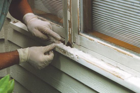 Where damage is more extensive, he first removes as much damaged wood as possible, then rebuilds the affected area with a two-part epoxy putty.