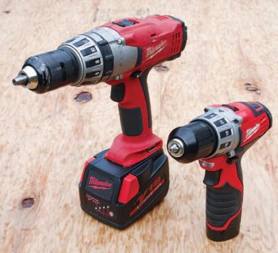 Milwaukee's subcompact drill/driver (right) is much smaller than the author's 18-volt lithium-ion hammer-drill (left) and weighs about 3 1/2 pounds less.