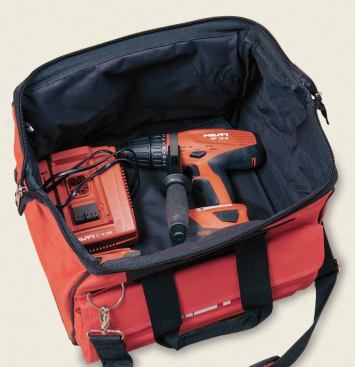 Contractor bag. Hilti's kit includes either a plastic case or an optional contractor bag. The bag is roomy enough to store plenty of big drill bits and other tools, and it can hold the drill/driver with the side handle attached so you don't have to keep installing and removing it. You also don't have to waste time tucking in the charger cord, as you do with most plastic cases.