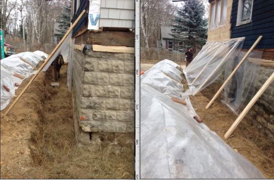 Snow, freezing rain, and frost are coming this month, so the crew has set up a temporary plastic shelter around the house perimeter to protect the foundation work.