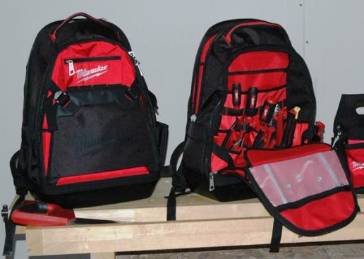 Jobsite Backpack (model 48-22-8200). Milwaukee’s new tool pack has padded straps and a pocket for storing a laptop or tablet. Features include a top handle, multiple interior pouches, and a fold-down pocket on the front that will accommodate extension cords, fish tapes, and other large items.