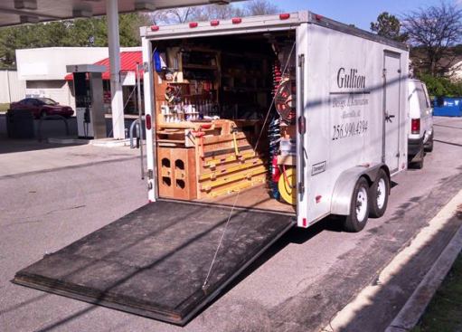 Gullion outfitted a used 7x14 soft nose (v-shaped in front to reduce wind resistance) dual axle trailer.