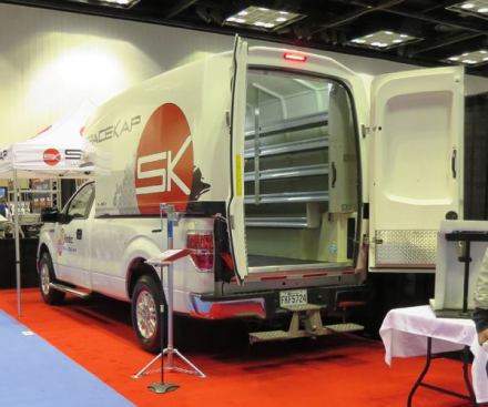 SpaceKap makes fiberglass service bodies. Built on the same principle as slide-in camper bodies, these service bodies can be quickly removed from the truck and transferred to another without unloading. Or it can be dropped at the jobsite and left on the jacks (only one shown here).