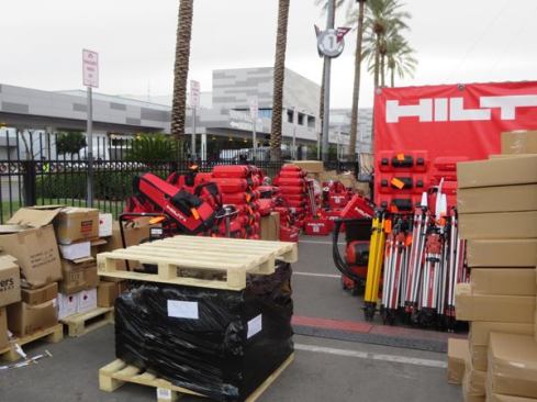 This is the storage area behind the Hilti booth. Most of the cases are empty; the tools are out front where people can look at them and try them out.