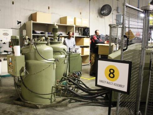 The proprietary two-part polyurethane used to form the midsole and bond outsole to upper is dispensed from these tanks. Only high-end models are made in this plant and their midsoles are polyurethane rather than the EVA used on some less expensive models (theirs and other brands’). According to Keen, they’ve tested these materials through 1 million steps and EVA suffered 58% compaction to polyurethane’s 3%. When part of a shoe is compacted it loses the ability to cushion the wearer’s foot. I’ve seen this happen to the removable EVA insoles in some of my older trail running shoes. It’s harder to see, but the same thing can happen to the midsole.