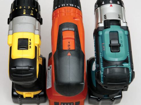 Three-speed trannies. The DeWalt, Hilti, and Makita (left to right) have a three-speed — rather than the usual two-speed — transmission. Makita’s extra gear adds a second low-speed option for drilling big holes and other high-torque applications, while DeWalt’s and Hilti’s add a second high-speed option for less demanding applications like small-diameter drilling in metal.